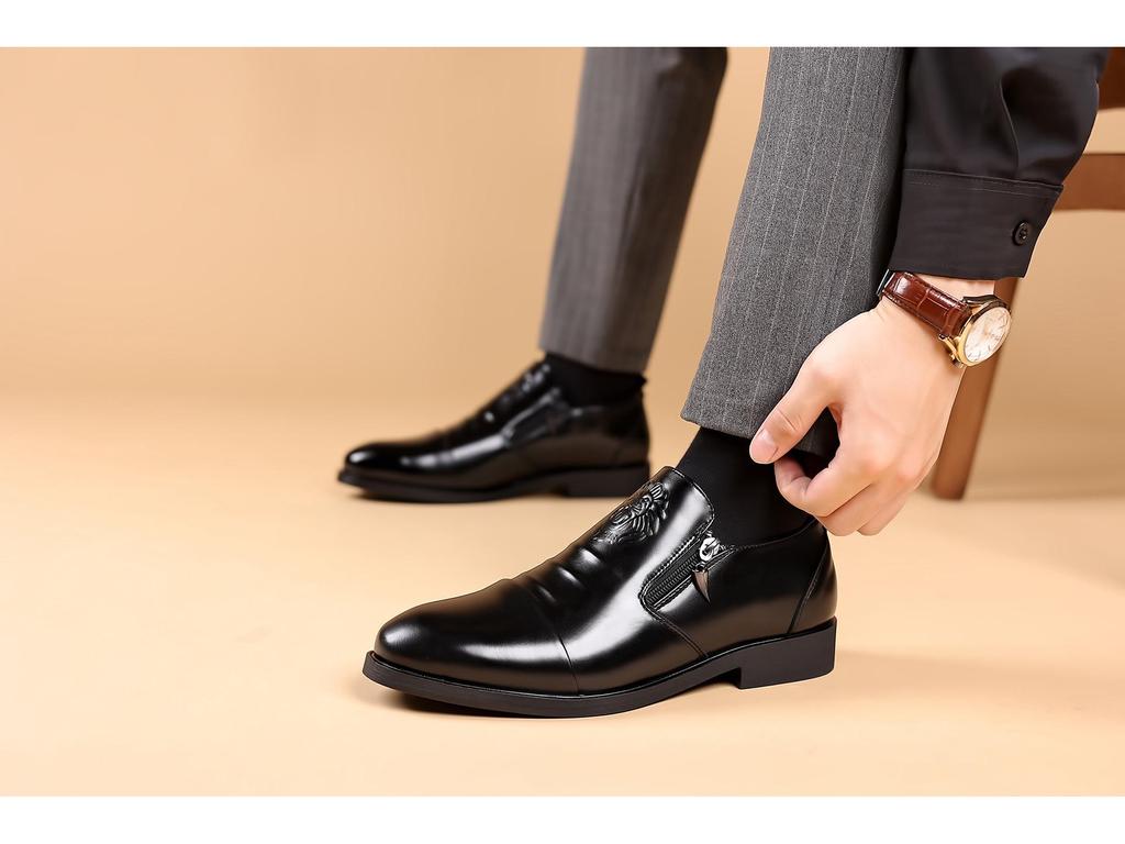 Men's Autumn/Winter Business Casual Leather Shoes with Lion Head Zipper – High & Low Top, Pointed Style