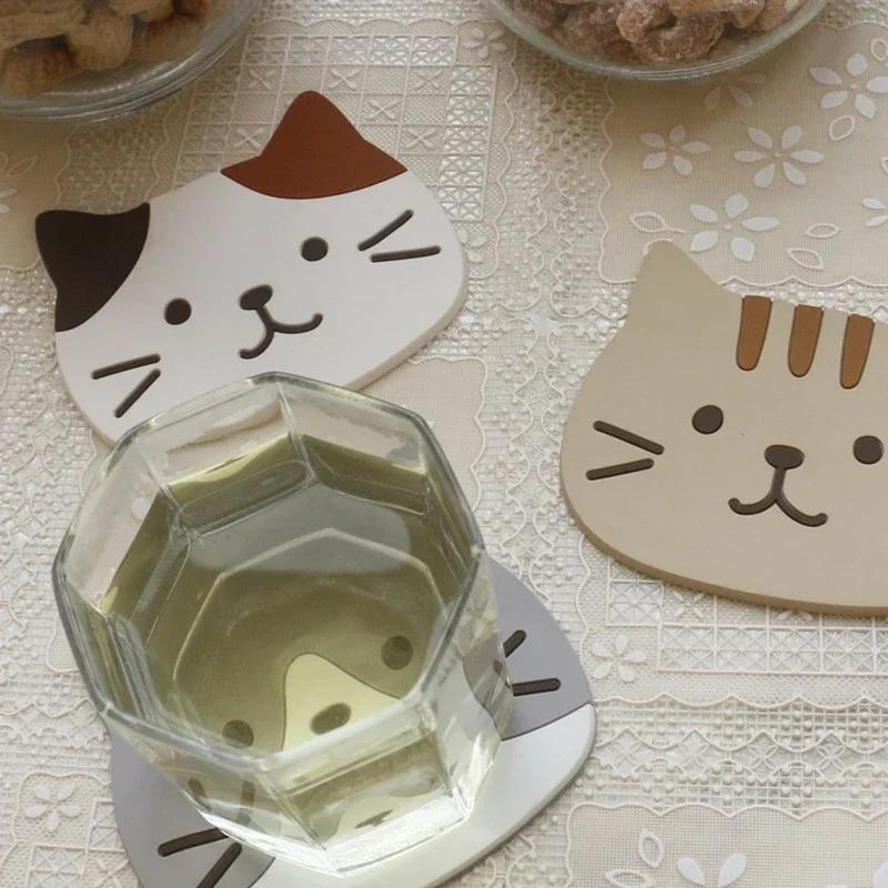 New Cute Cat Cup Coasters, Reusable Silicone Drink Coasters Non Slip, Washable Heat Resistant Glass Cup Rubber Pad Mat Novelty