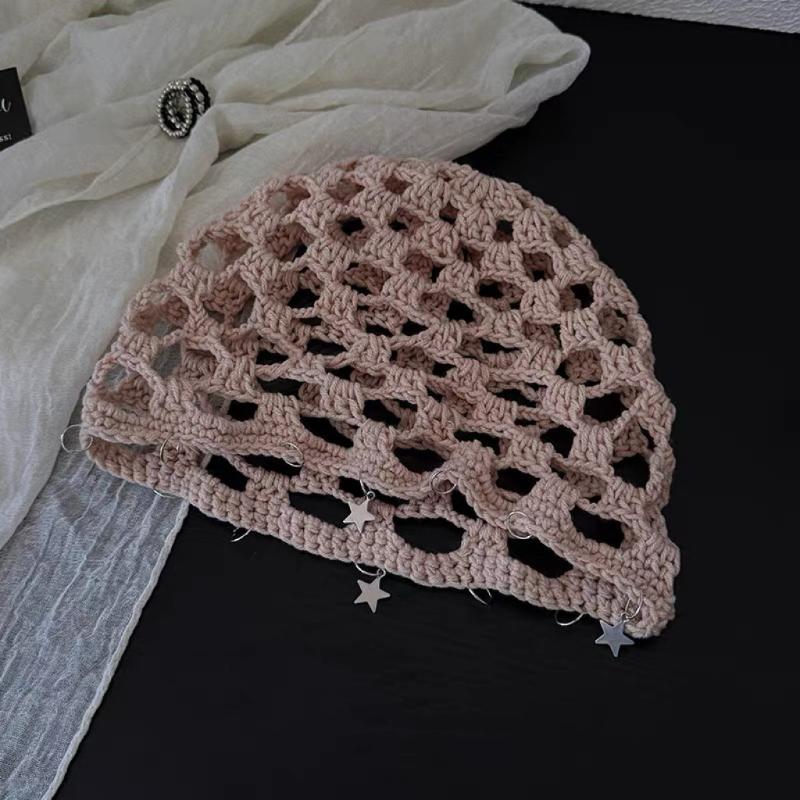 Women Crochet Hollow Star Knitted Summer Beanie Cap Stretchy Breathable Casual Head Cap for Gift Giving
