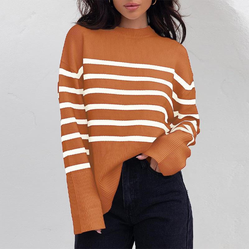 Cross-border new European and American women s clothing new round neck striped knitted sweater side split fork long sleeve lazy wind loose top S