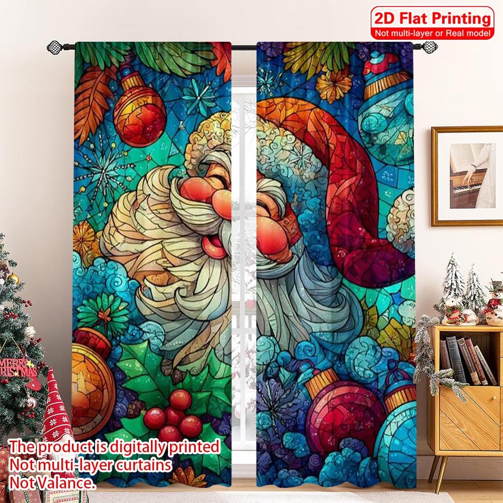 

Set Of 2 Flat Printing Merry Christmas Popular Drapes Father Versatile Durable Polyester Without Electricity Holiday Curtains Made W100*H70(CM)-Grommet top&2PCS