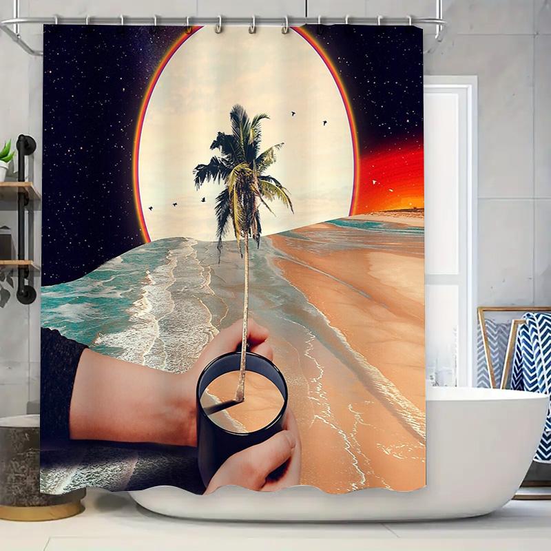 

Tropical Ocean Wave Shower Curtain Palm Tree Beach Coastal Nature Bathroom Decor Set 90x180cm