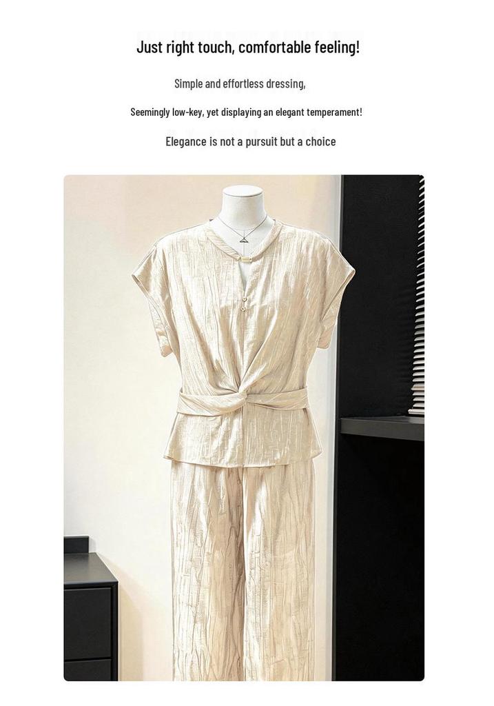 2026 Summer Slimming Two-Piece Set: Waist-Cinching Top & High-Waisted Wide-Leg Pants