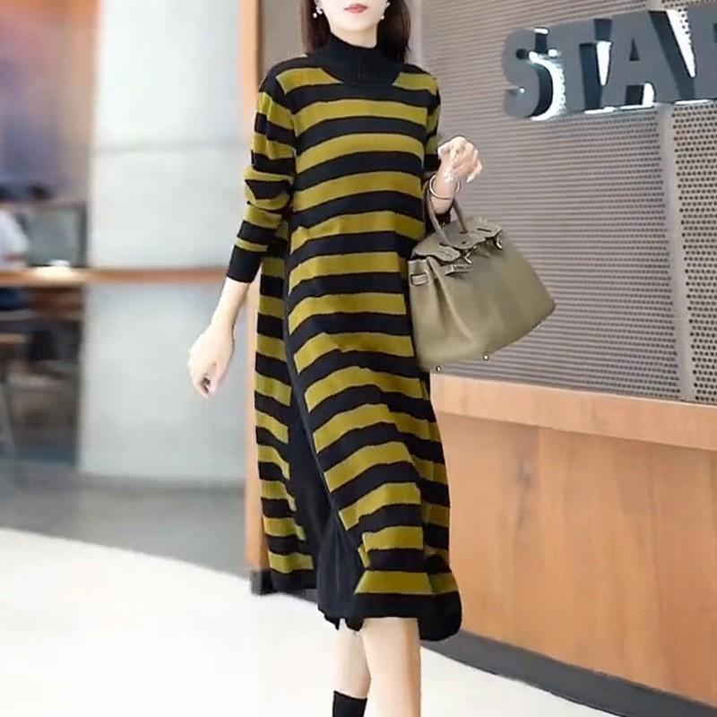 Kontrastní barva Dlouhé pletené šaty svetr s páskem