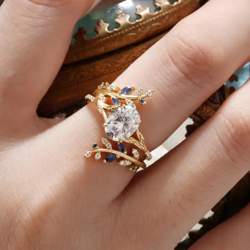 Copper micro-inlaid zircon ring, creative design leaf ring, Europe, America, hot-selling wedding jewelry wholesale