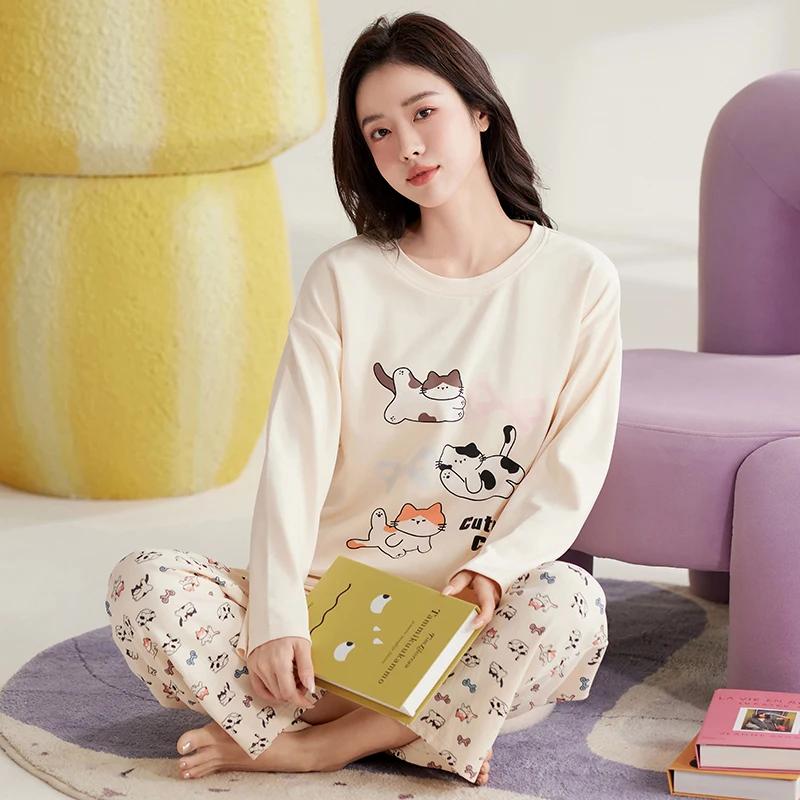 Niedliches Katzen-Pyjama-Set Damen Herbst Winter Langärmlig Lange Hose Nachtwäsche Weiche Pijamas Gemütliche Pyjamas Kawaii Nachthemd Mädchen