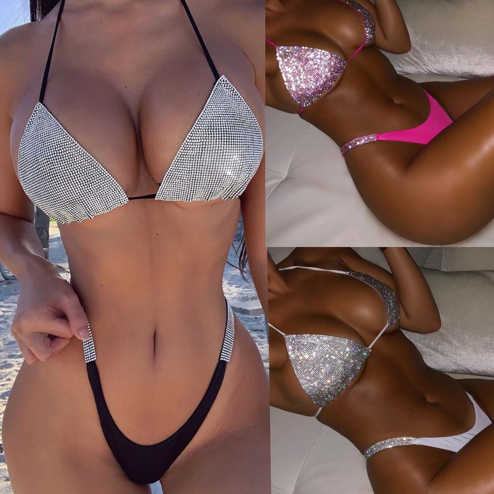 Einfarbiger Diamant-Dreieck-Bikini Strass geteilter Badeanzug Modischer Strand Sommer Badeanzug Schlank hohe Taille Bademode Biquini