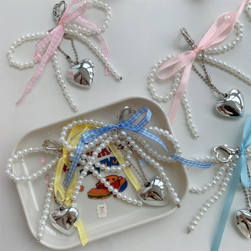 Handgemachter Schleifen-Schlüsselanhänger mit Perlenherz-Dekoration, Handy-Anhänger, Schlüsselring, Taschenanhänger für Handys und Geldbörsen