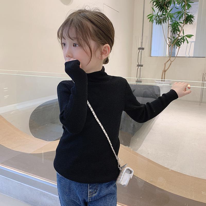 Girls Solid Half High Collar Long Sleeve Pullover Sweater Kids Casual Bottoming Inner Top