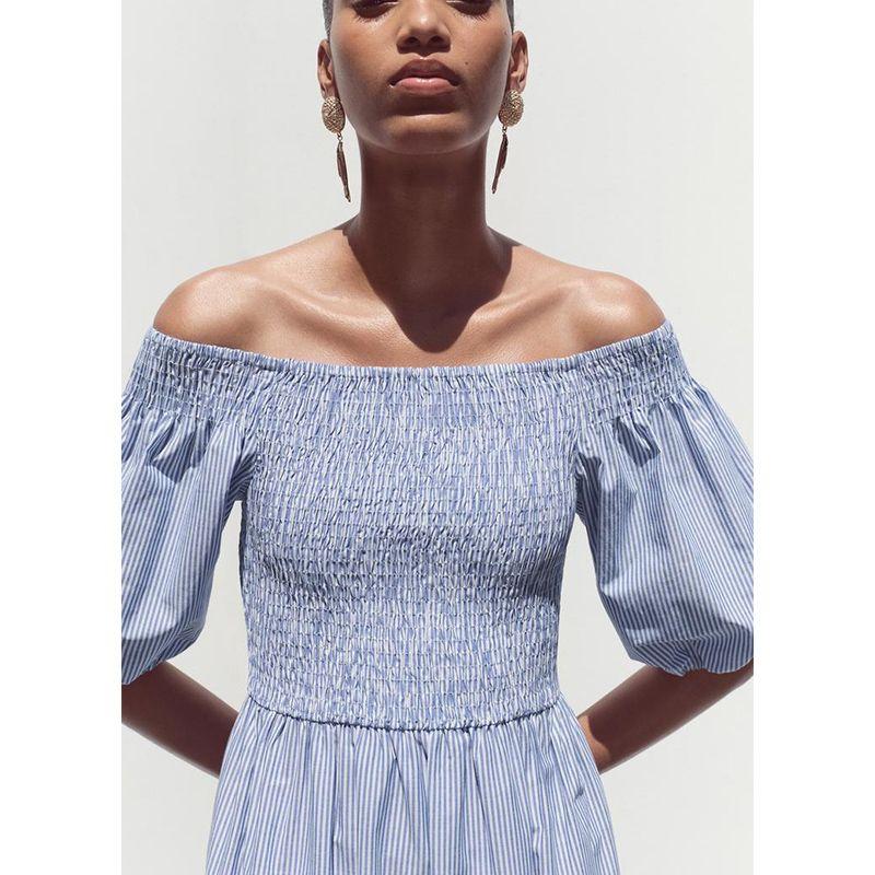 Summer Women Clothes Honeycomb Lattice Elastic Design Embroidery Stripe off-the-Shoulder Straight Collar Midi Dress 3295889