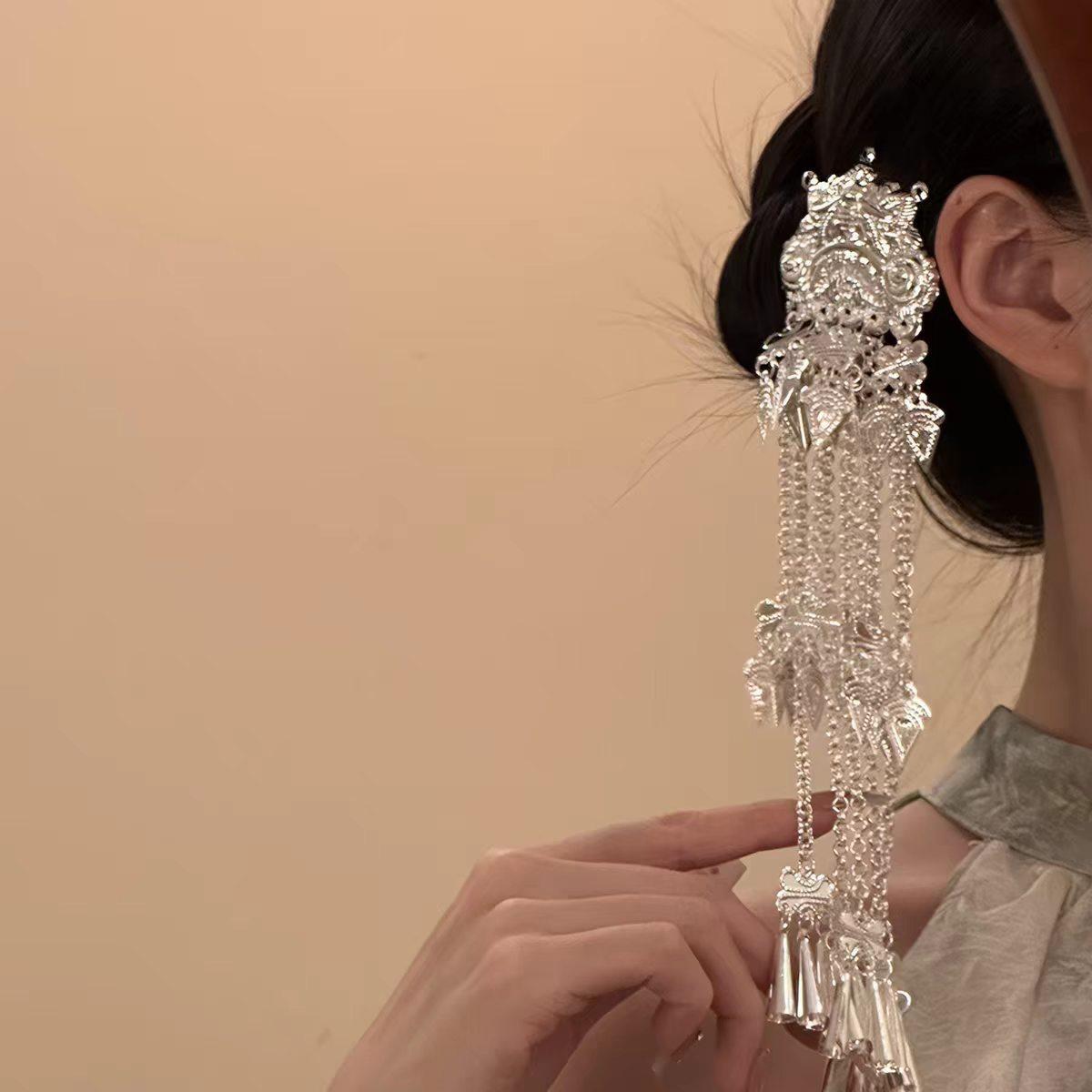 Ethnic Silver Hair Stick with Bell Tassels Miao Tribe Style Bohemian Hair Pin for Women