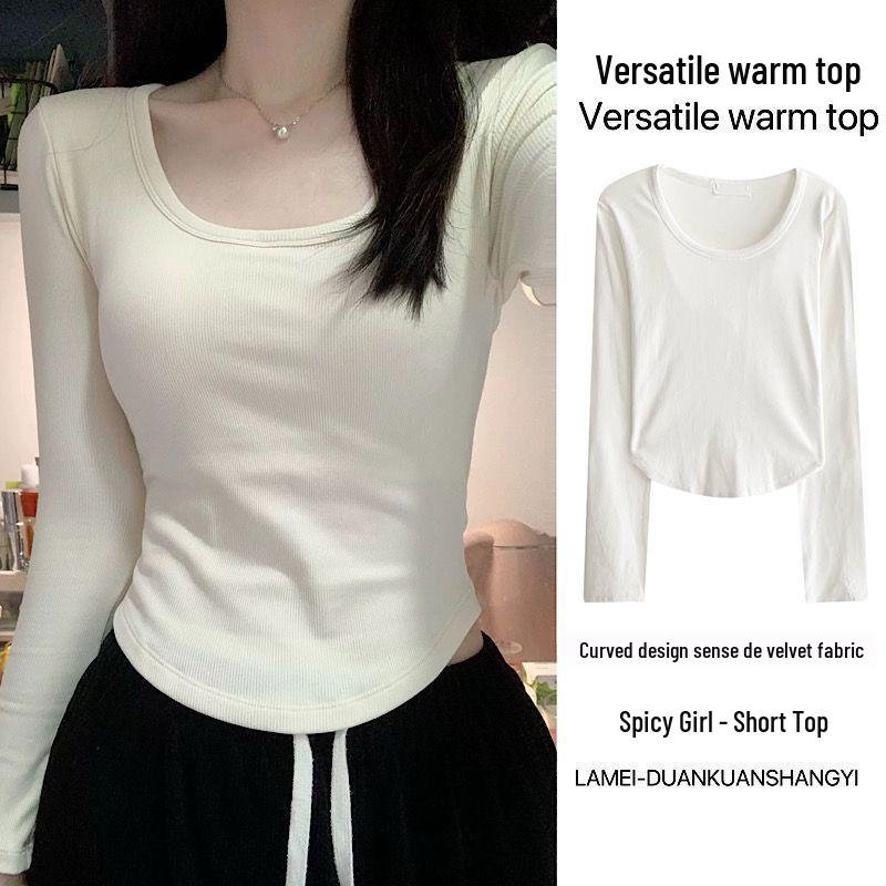 

Женская футболка с длинным рукавом и квадратным вырезом из немецкого бархата - Весенний, осенний, зимний базовый топ, Стильный облегающий дизайн Large абрикосовый