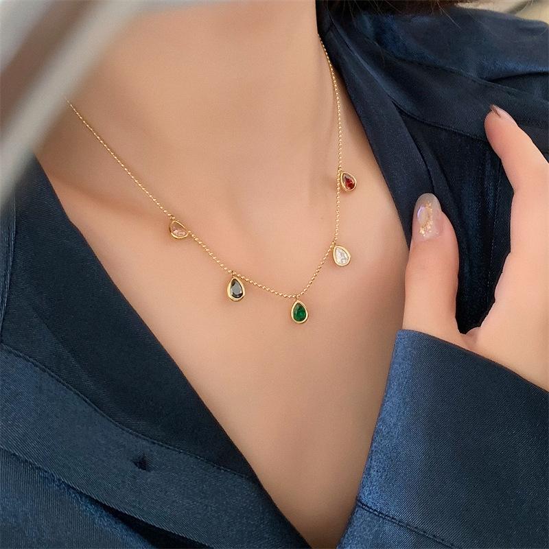 European & American Style Colorful Zircon Water Drop Pendant Necklace, Women's Clavicle Chain, 18K Gold Plated Titanium Steel