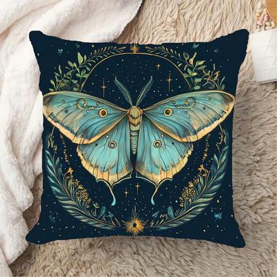 1pc 18x18 Inch Bohemian Moth & Crescent Moon Pillow Cover,Soft Plush Polyester , Machine Washable For Sofa Living Room Office Decor (No Insert), Pillo