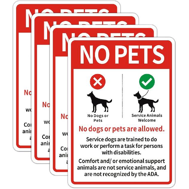 4 Pack No Pets Allowed Except Service Animals Sign Sticker, 5 x 7 Self-Adhesive Weatherproof No Dogs Allowed Decals –Service Animals Only Sign