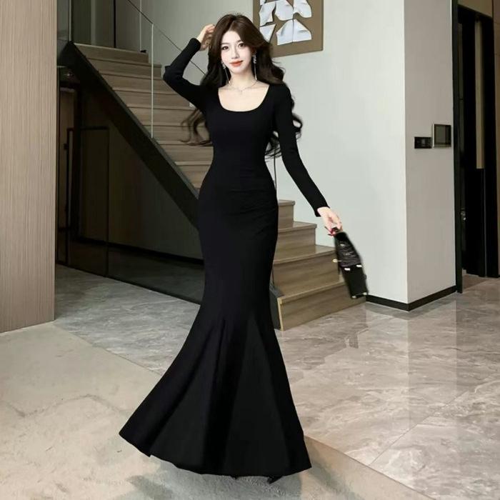 

Lotus Square Neck Long Sleeve Women’s Fishtail Dress - Slim Waist Hip-Hugging Versatile Style for Spring and Autumn Extra Large
