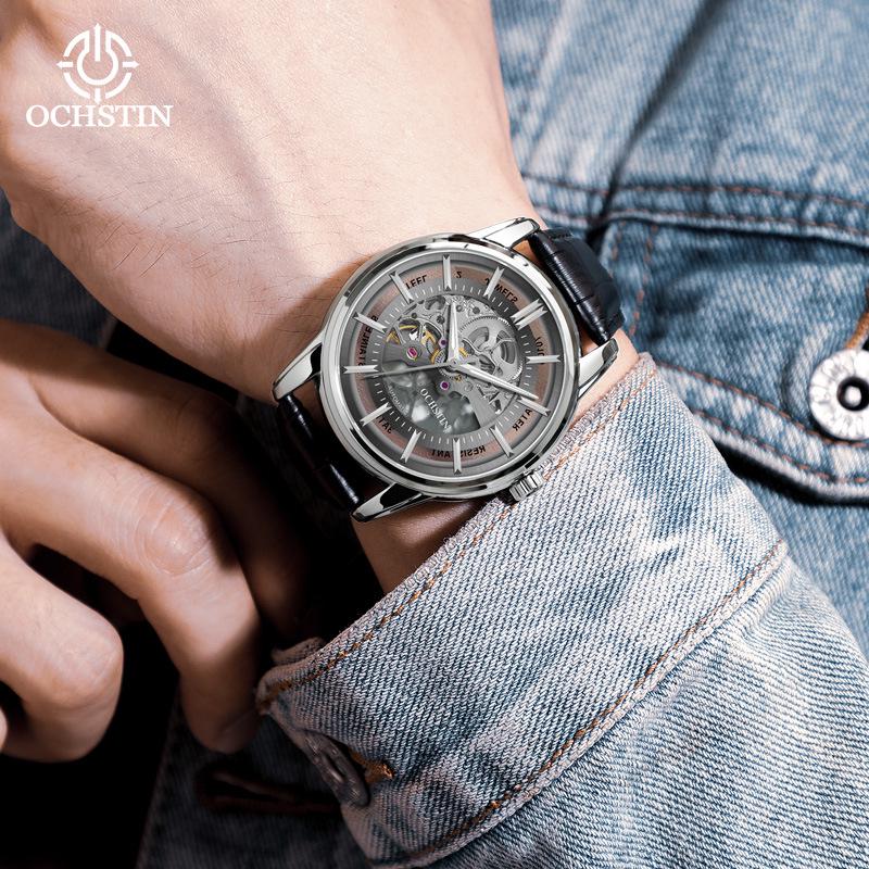 OCHSTIN Men's Skeleton Mechanical Watch - Genuine Leather, Waterproof, Fashionable Business Casual Wristwatch
