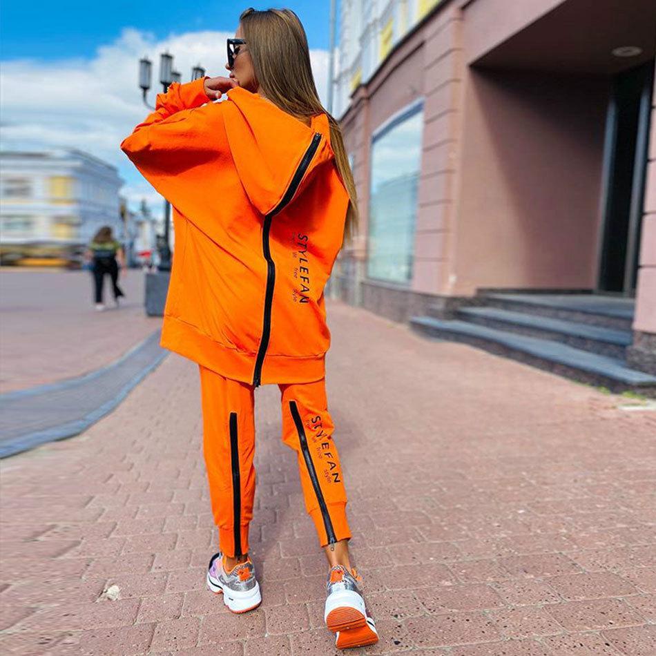 Europäisches & Amerikanisches Mode Damen Locker Buchstaben Druck Reißverschluss Sweatshirt & Hose Set