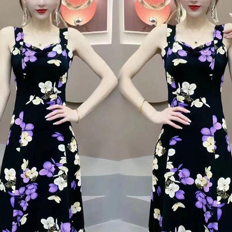 Female Clothing Broken Flowers Dresses Vintage A-Line Waist Summer Contrasting Colors Sleeveless Stylish Folds Slip Midi Dress