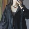 Women's Linen Hooded Shirt Oversized Button Front Casual Loose Fit Blouse with Pockets