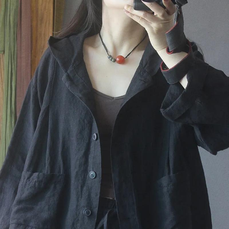 Women's Linen Hooded Shirt Oversized Button Front Casual Loose Fit Blouse with Pockets