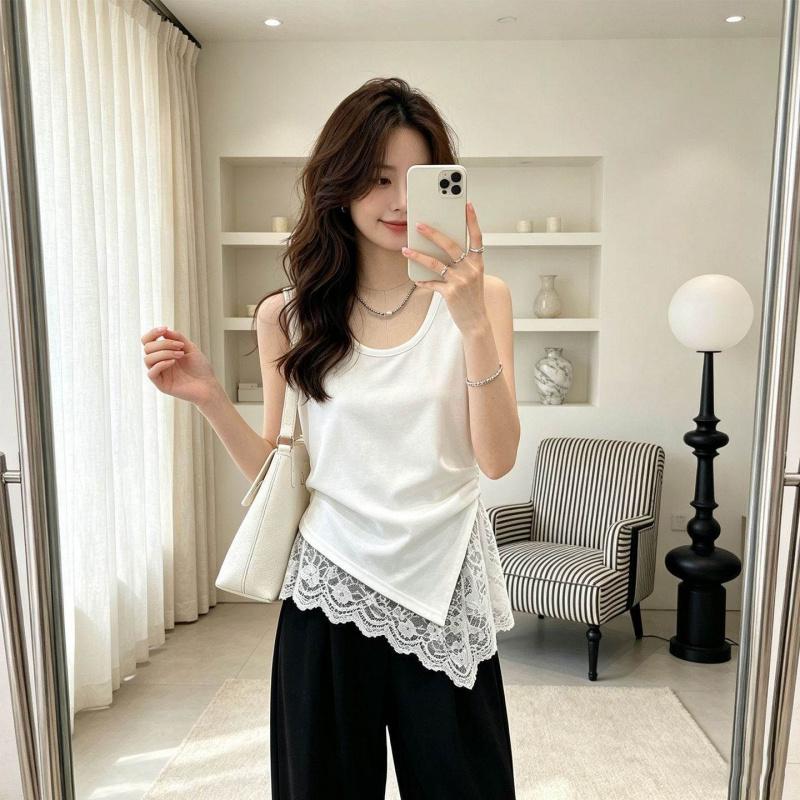 New Summer Women's Clothing with Irregular Design Lace French Sleeveless Tank Top T-Shirt
