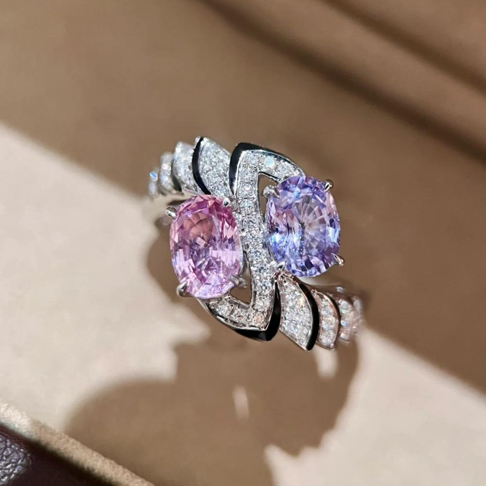 Open Ring French Vintage Pink Purple Double Stone Artdeco Style High Carbon Diamond Women Ring