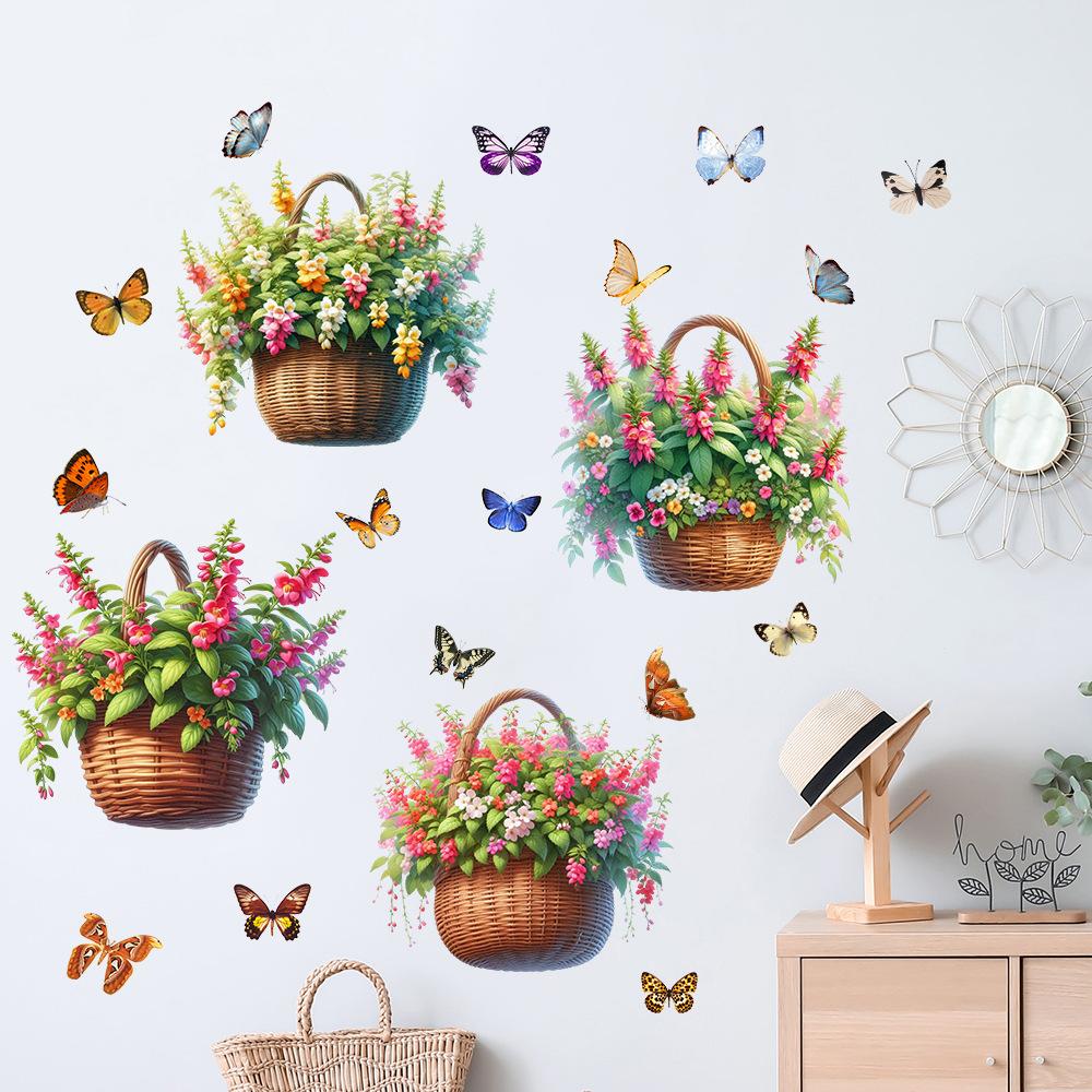 Flower Basket Butterfly Rose Peony Decals Self-adhesive Waterproof Wall Sticker