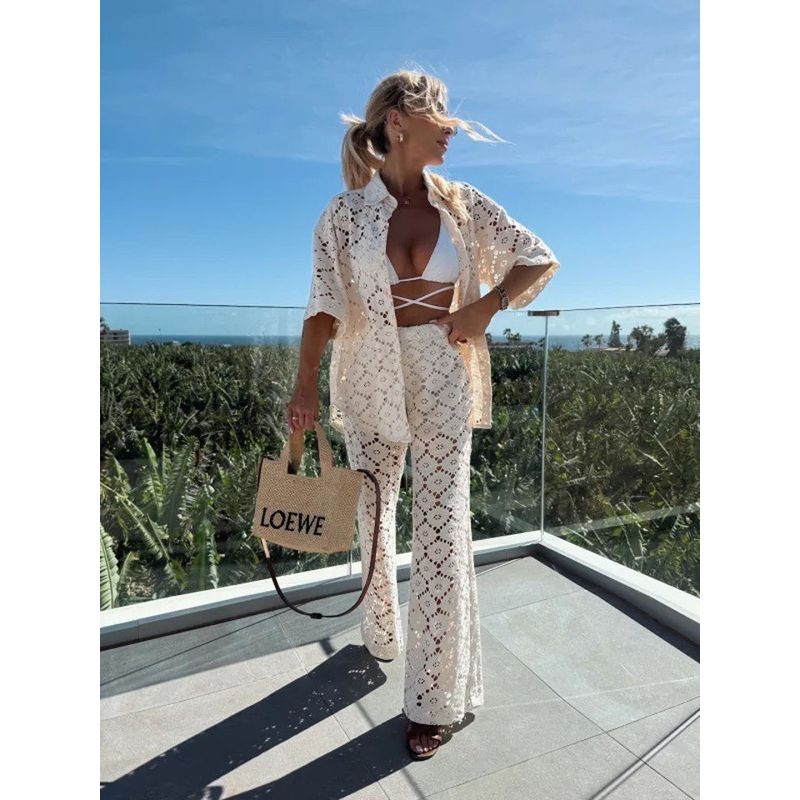 2025 New Fashion Lapel Hollow Lace Short sleeve Top Breasted Shirts Trousers Vacation Set Lace Suit
