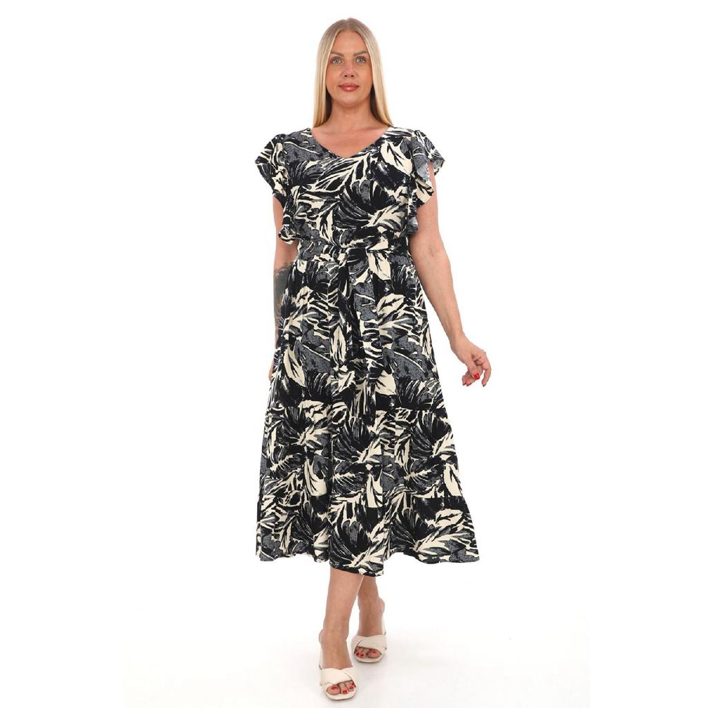 Flounce Sleeves Crew Neck Belted Floral Patterned Long Viscose Dress