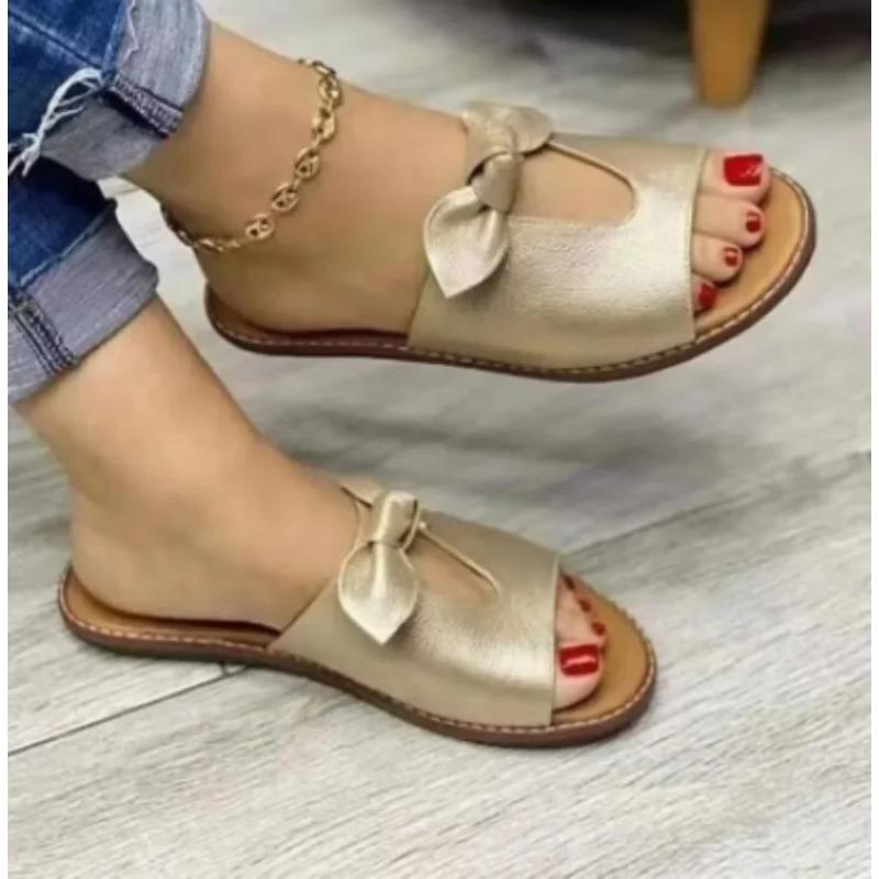 Pantoufles d'été pour femmes, chaussures plates avec nœud papillon, sandales décontractées, couleur unie, sandales de plage, Zapatillas Mujer Chaussure Femme