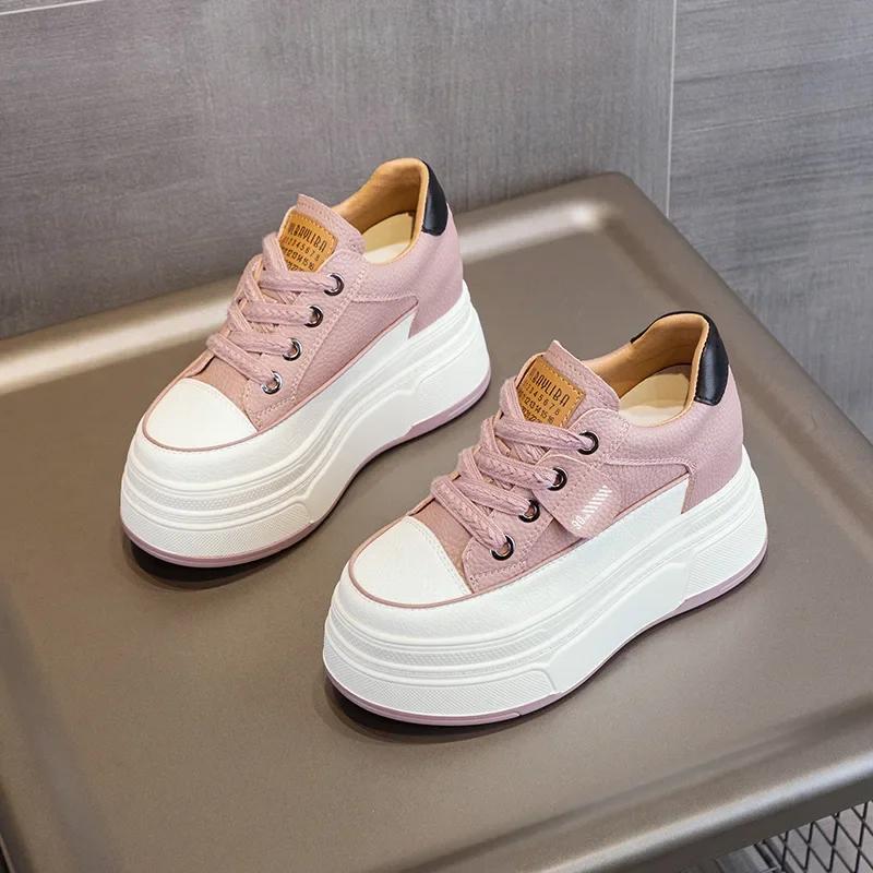 Fashion 9cm Genuine Leather Platform Sneakers Wedge Shoes for Women Breathable Sneakers Autumn Casual Shoes Hidden Heel Zapatillas Mujer
