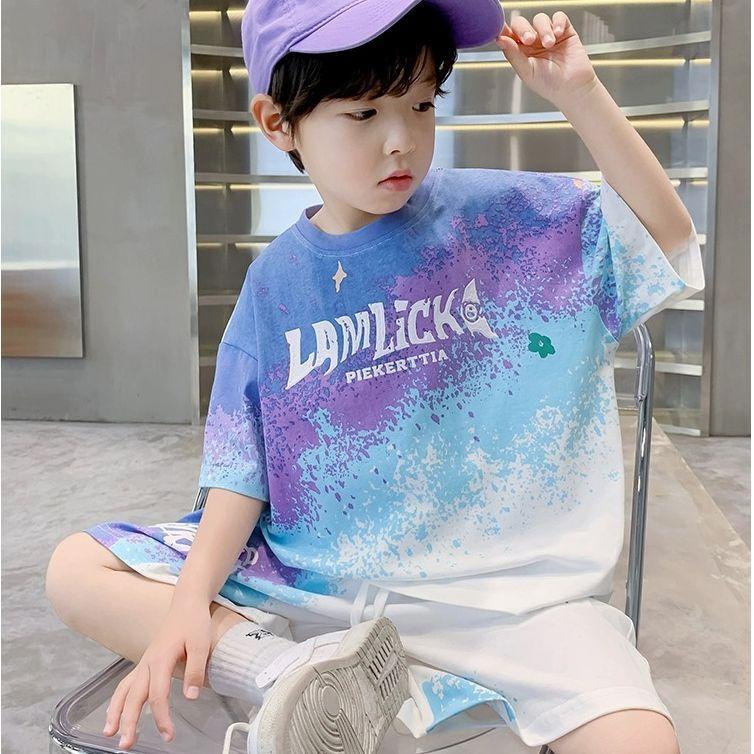 Summer Boys' Loose Casual Sets Teen Gradient T-shirts+Shorts 2Pcs Big Kids Sport Short Sleeve Clothes Suits Children Print Outfit