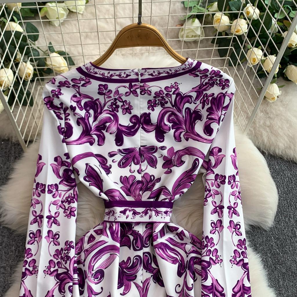 Spring Autumn Women Vintage Blue and White Porcelain Print Designer Runway Dress Full Sleeve Knee Length Party Dresses