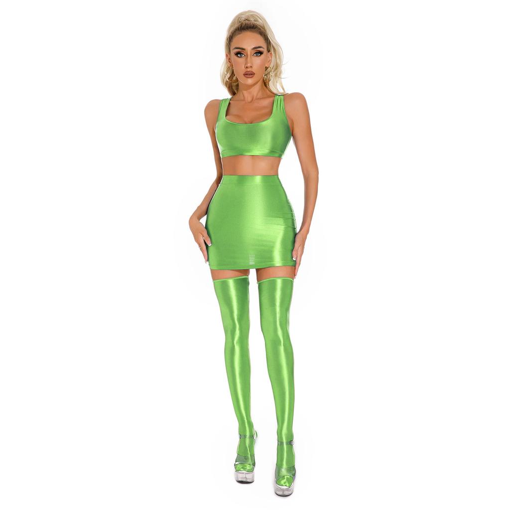 Womens Glossy Crop Top Skirt Set Sleeveless Racerback with Thigh High Stockings Partywear