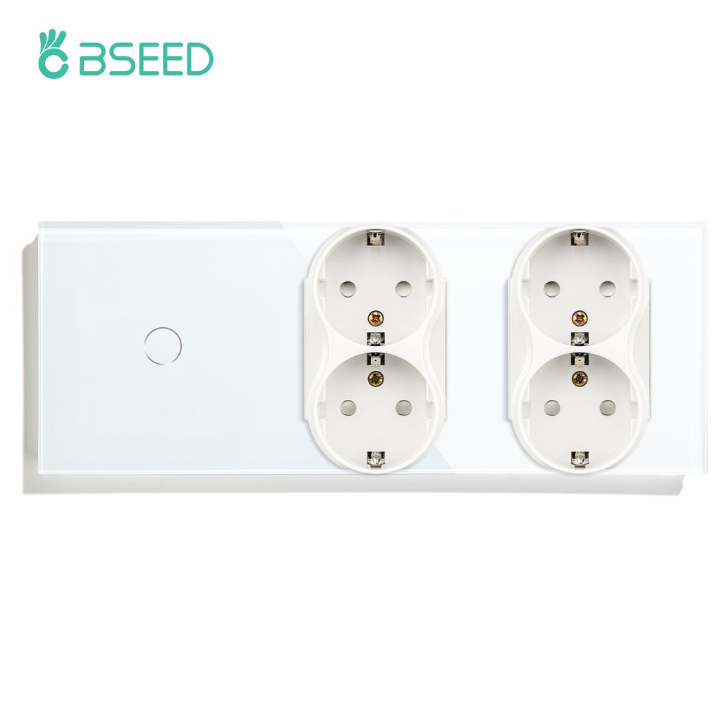 BSEED 1/2/3Gang Touch Light Switch With Power Socket 1Way Double EU Wall Sockets Dual Plug 16A Glass Panel Blue Backlight White