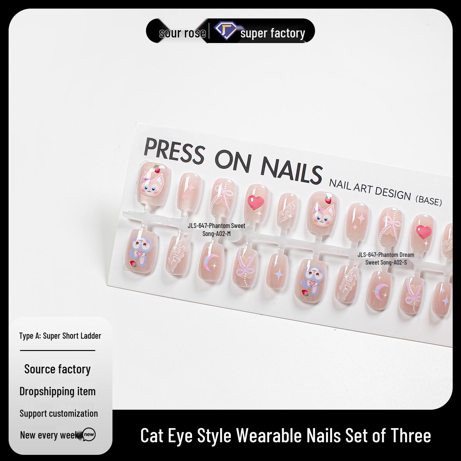 

Jiaolong Summer Pink Cat Eye Cartoon Style Handmade Wearable Nails