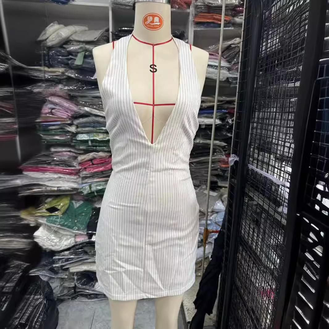 

French Striped Halter Mini Dress: Sexy Summer Backless Tie-up for Women Extra Small