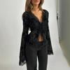 Fashion Women See Through Lace Black Sheer Shirt Mesh Top Elegant Floral Long Flared Long Sleeve V Neck Tie Blouse Trim Y2K Casual Party Clothing