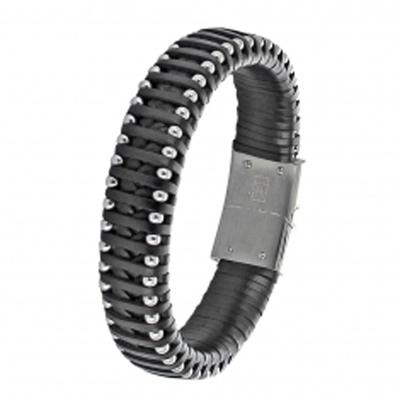 [R5087] – Schwarz-silbernes „Giorgio“-Stahllederarmband – 215 x 15 mm