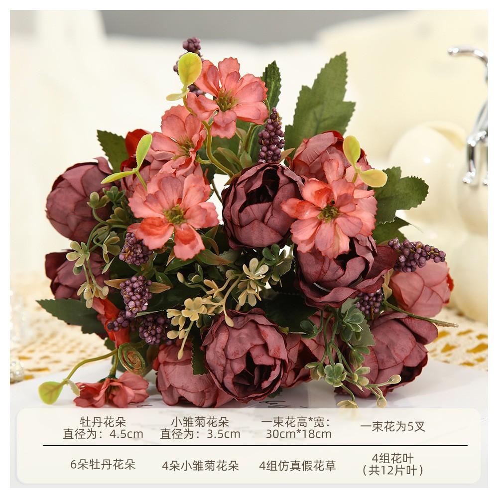 Blush Pink Artificial Peony Bouquet, Fake Silk Flowers with Greenery for Home Wedding Decor