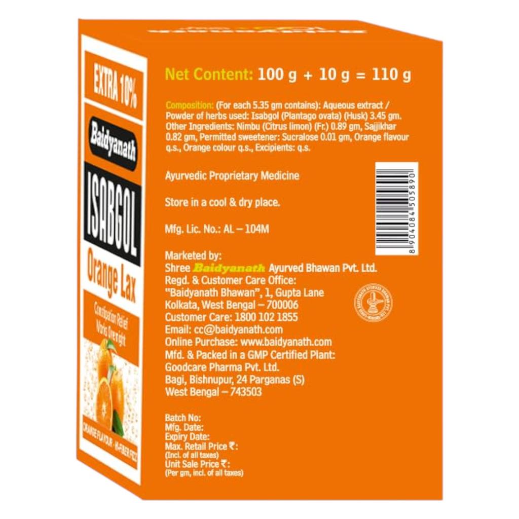 Baidyanath Isabgol Orange Lax Effervescent Husk Powder 110 g Pack of 2 for Gentle Digestive Support