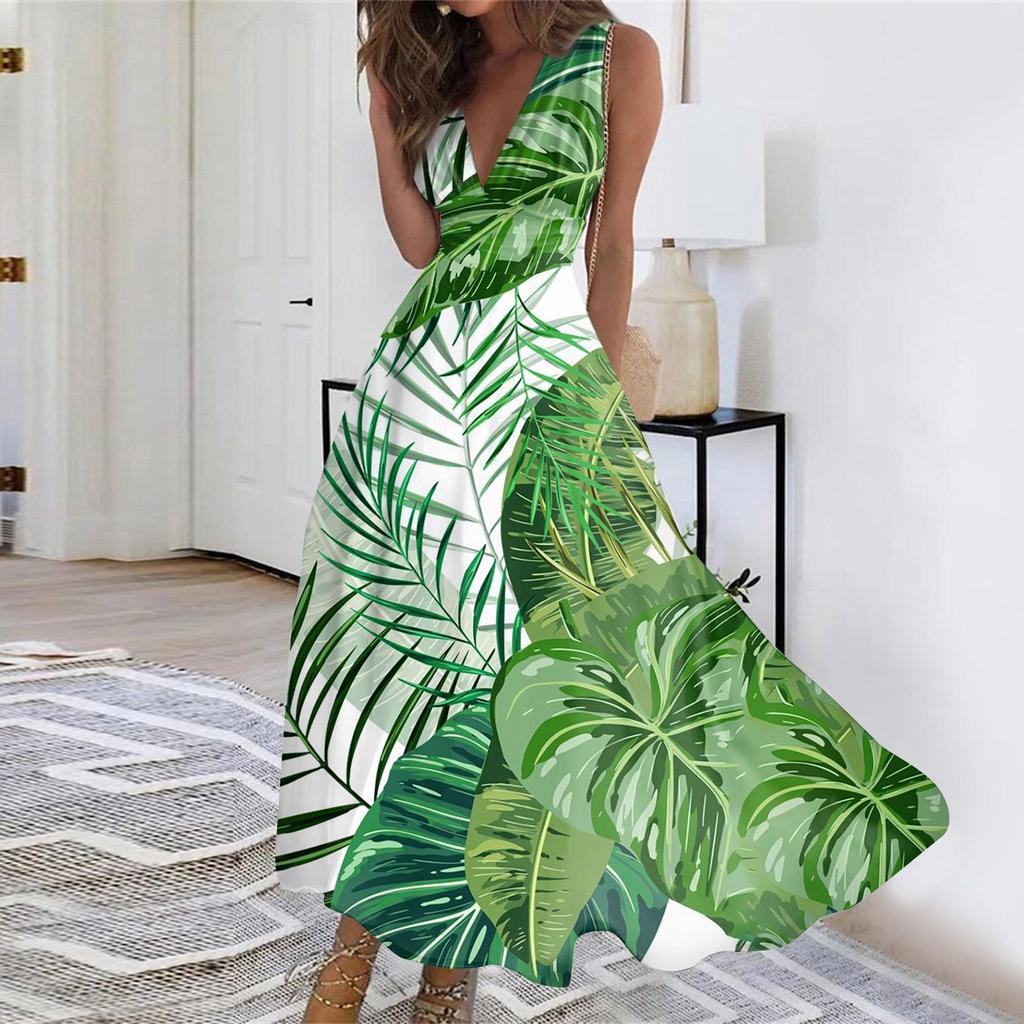 Women's Summer Fashion Hawaiian Print V-Neck Sleeveless Tunic Casual Dresses