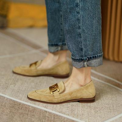 Women Shoes Genuine Leather Flats Loafers Round Toe Sheep Suede Metal Decor Slip -On Footwear Ladies Cozy Casual Shoes New