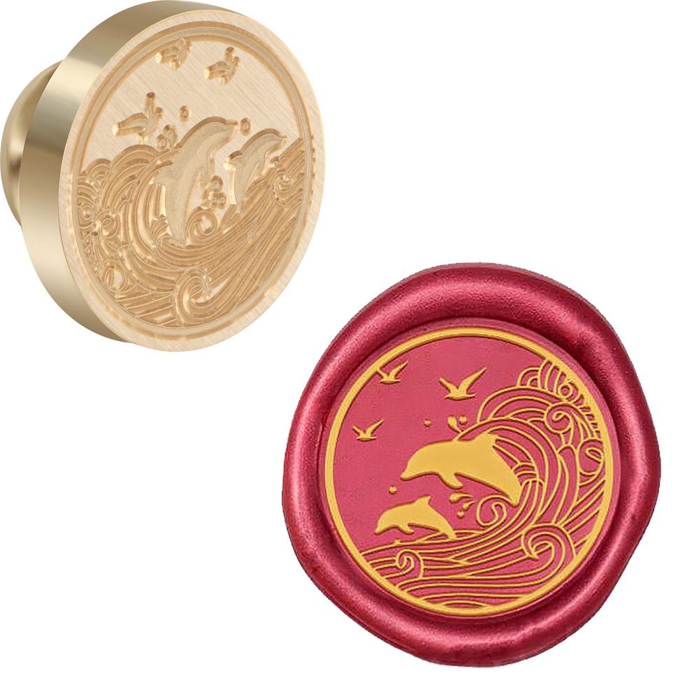 Marine Life Theme Wax Seal Stamp Retro Sealing Wax Stamp Dolphin, Wave Pattern Removable Brass Head for Envelope Card Package