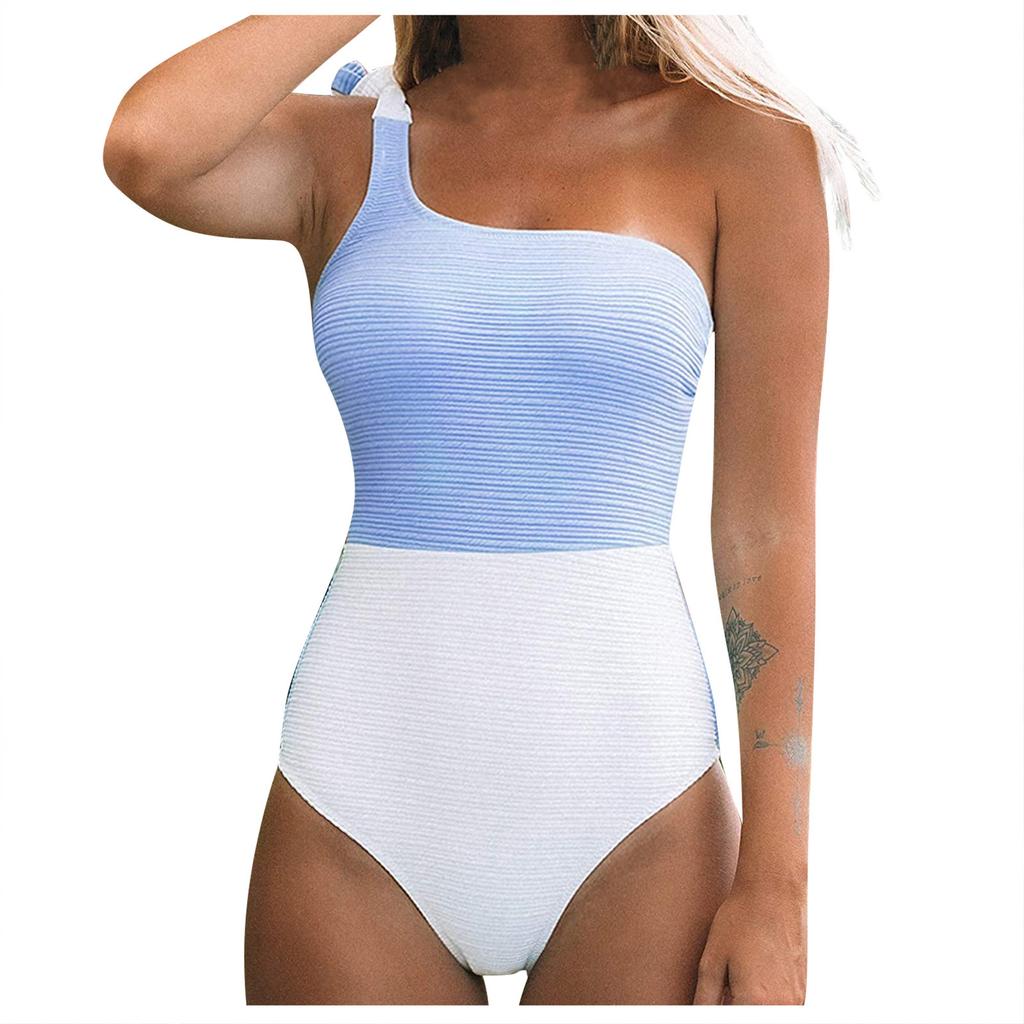 Women Swimwear Block Color One-Piece Swimsuit One Shoulder Bowknot Bathing Suit