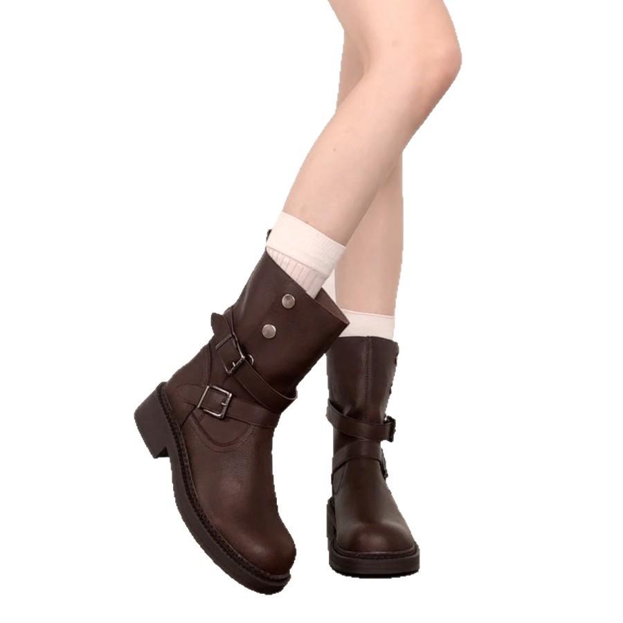 Sheepskin Version~ Retro British Style Round Head Belt Buckle Thick Heel Martin Boots Femininity Versatile Fashion Thin Short Boots