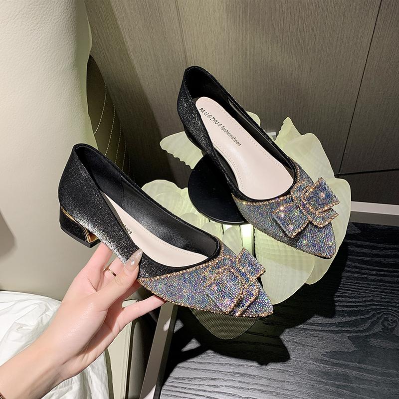 Fashion Gentle French Chunkiness 2025 New Spring Rhinhette High Heels Large Size Shallow Mouth Pointed Single Shoes