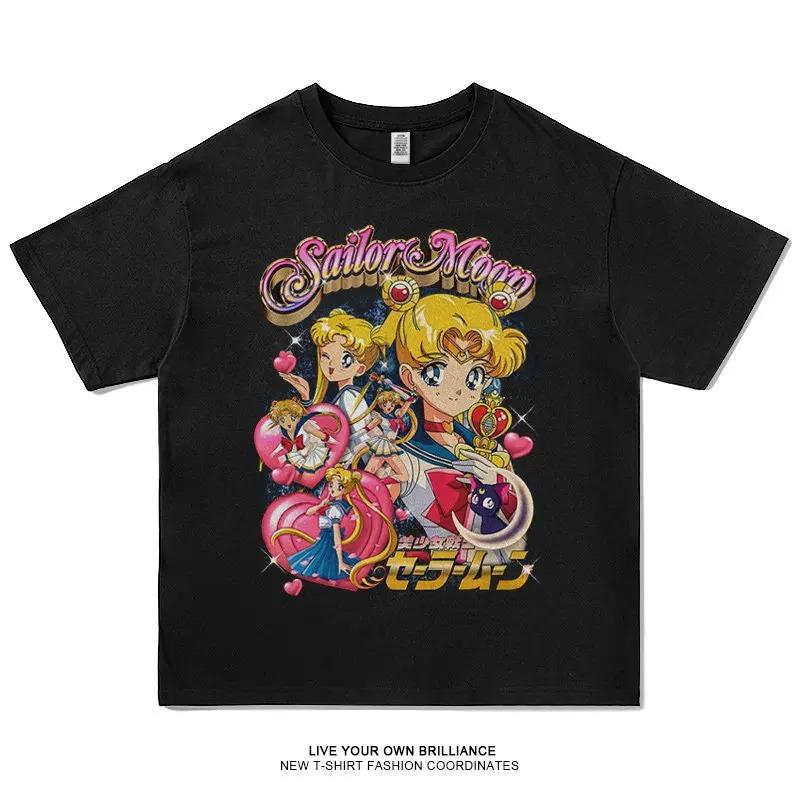 Stylish Black Cotton T-Shirt Featuring Sailor Moon Tsukino Usagi Anime Graphic with Classic Retro 90s Print T-Shirt
