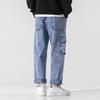 Men Summer Casual Jeans Elastic Drawstring Waist Straight Wide Leg Denim Pants Multi Pockets Design Long Trousers Streetwear